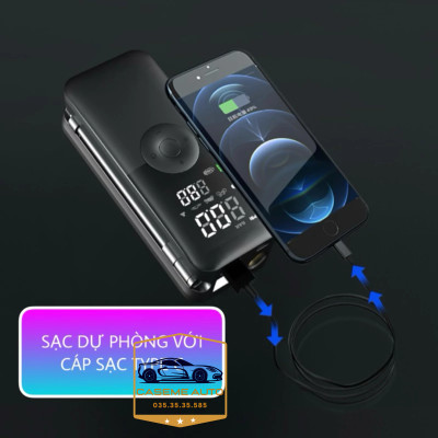 Bơm Lốp Ô Tô - Xe Máy Mini Không Dây CARSUN C3106, Pin Sạc 4000mAh, Áp Suất 150PSI, Có Đèn LED Chiếu Sáng, Đèn Cảnh Báo, Kiêm Sạc Dự Phòng Cao Cấp