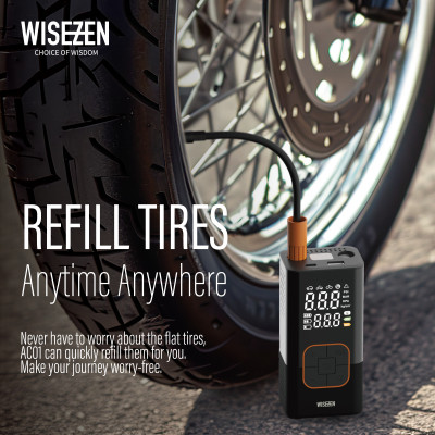 WISEZEN Bơm hơi di động – Sử dụng đa năng, bơm nhanh trong 3 phút, giám sát áp suất lốp an toàn.