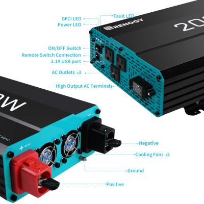 Bộ Đổi Điện Sóng Sin Chuẩn, Bộ Kích Điện INVERTER 12V công suất 2000W thương hiệu RENOGY của MỸ sử dụng trên RV, motorhome và pickup