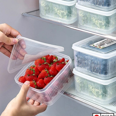 Set 02 hộp thực phẩm vuông có giá lót Nakaya 1100ml, giúp rau thịt không bị úng nước và tươi lâu hơn - nội địa Nhật Bản