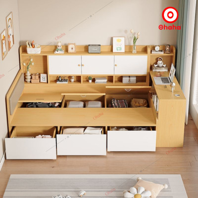 [ Miễn phí giao hàng và lắp đặt tại TP.HCM] Giường ngủ công nghiệp bọc nệm kèm tủ và bàn học OHAHA - GN049