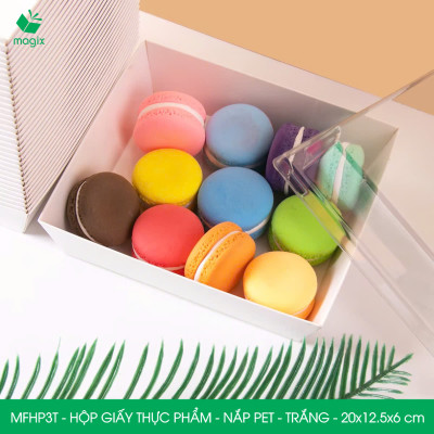MFHP3T - 20x12.5x6 cm - 25 hộp giấy thực phẩm màu trắng nắp Pet, hộp giấy chữ nhật đựng thức ăn, hộp bánh nắp trong