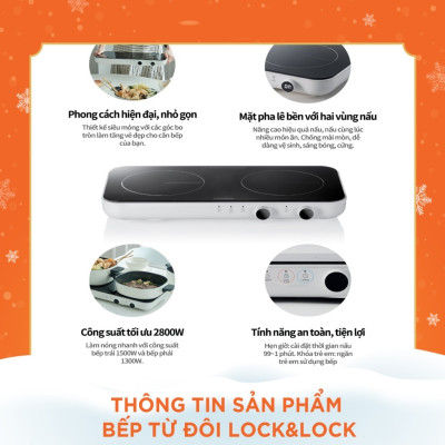 Bếp Điện Từ Đôi LocknLock EJI326WHT - Nhỏ Gọn, Mặt Kính, Khóa An Toàn, Hẹn Giờ - Hàng chính hãng