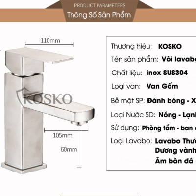 Vòi lavabo nóng lạnh inox 304 KOSKO, vòi sen tắm nóng lạnh chất lượng LOẠI 1