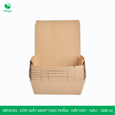MFHD3N - Combo 25 hộp giấy kraft thực phẩm 1200ml, hộp đựng thức ăn nắp đậy màu nâu, hộp gói đồ ăn mang đi