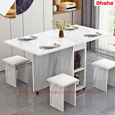 [Kèm Ảnh Thực Tế - Miễn phí vận chuyển & Lắp đặt] BÀN ĂN GẤP GỌN THÔNG MINH CÓ GHẾ BỌC NỆM VÀ BÁNH XE OHAHA - BA024