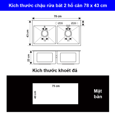 Chậu rửa bát inox 304 Pimisi đúc cao cấp 2 hố cân - kích thước 7843-8245 cm đầy đủ xi phông loại ống to - rỗ đựng đồ, dùng để rửa chén bát gắn được cả âm bàn đá | Hàng chính hãng
