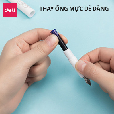 Bộ bút máy học sinh kèm ống mực xanh cao cấp tẩy được Deli, bút luyện viết chữ đẹp, họa tiết dễ thương có bút tẩy mực