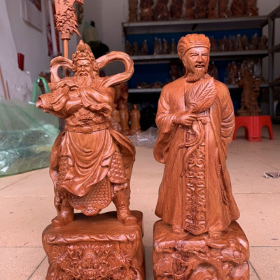 Cặp tượng văn võ song toàn ,khổng minh gia cát lượng và quan công bằng gỗ hương đá kt cao 30×13×9cm