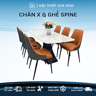 Bàn ăn mặt đá, bàn ăn mặt đá ceramic bóng chân sắt sơn đen tĩnh điện kết hợp ghế spine
