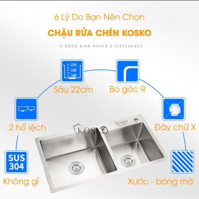 Bồn rửa chén inox 304 KOSKO, chậu rửa chén bát 82x45cm đúc lệch lắp được nhiều loại vòi nước rửa chén