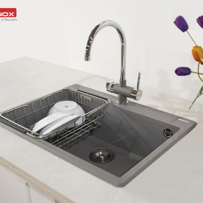 Chậu rửa bát Konox, Granite Series, Model Ruvita 680, Full set gồm Siphon+Giá úp bat Made in Italy, 680*500*200(mm), Hàng chính hãng