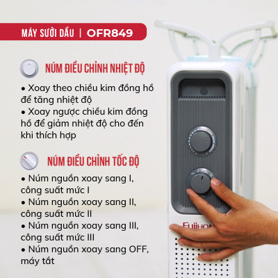 Máy sưởi dầu không khô da 9 thanh CN Nhật Bản FUJIHOME OH849, máy sưởi ấm điện không đốt oxi, tự động ngắt an toàn tiết kiệm điện - Hàng Chính hãng