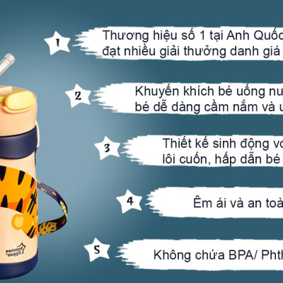 Bình uống nước Inox giữ nhiệt có ống hút và quai treo cho bé Tommee Tippee 350ml từ 18 tháng