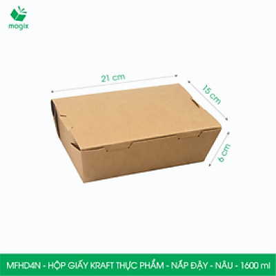 MFHD4N - Combo 50 hộp giấy kraft thực phẩm 1600ml, hộp đựng thức ăn nắp đậy màu nâu, hộp gói đồ ăn mang đi