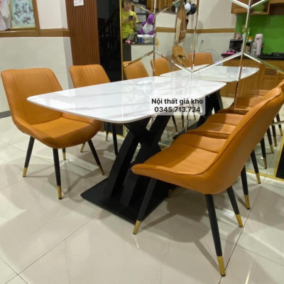 Bàn ăn mặt đá phiến - ceramic chân chéo chữ x cong kết hợp ghế loft, bàn ăn mặt đá 4 ghế 6 ghế 8 ghế