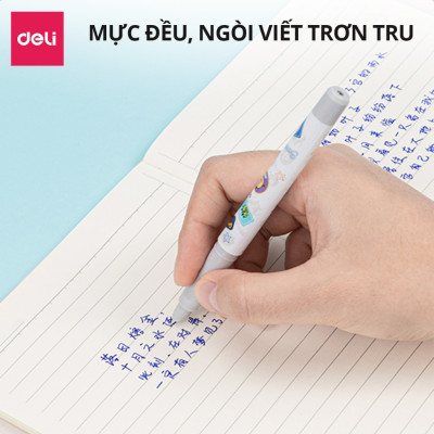 Set 2 bút máy học sinh kèm ống mực xanh cao cấp Deli, bút luyện viết chữ đẹp, tập viết chính tả họa tiết dễ thương