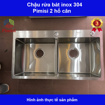 Chậu rửa bát inox 304 Pimisi đúc 2 hố cân, lệch - kích thước 7843-8245 cm đầy đủ xi phông dùng để rửa chén bát gắn được cả âm bàn đá | Hàng chính hãng