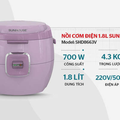 Nồi Cơm Điện 1.8L Sunhouse SHD8663 - Màu Ngẫu Nhiên - Hàng Chính Hãng