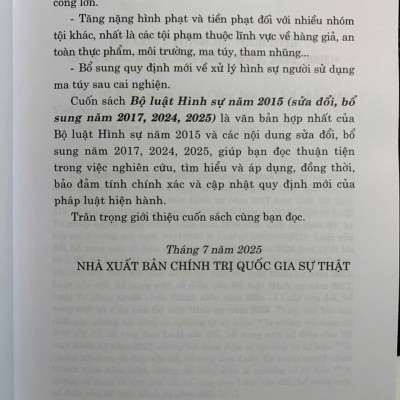Bộ luật Hình sự 2015 (sửa đổi, bổ sung năm 2017, 2024, 2025) – NXB Chính trị quốc gia Sự thật