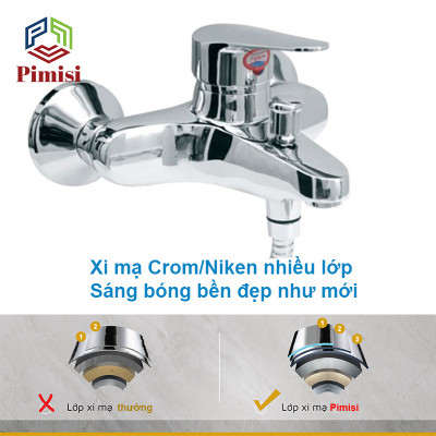 Sen Tắm Nóng Lạnh Pimisi PS-203C Đồng Thau Mạ Crom - Niken Sáng Bóng, Đủ Phụ Kiện Vòi Hoa Sen Tăng Áp Nhẹ - Dây Sen Tắm Inox - Chân Chữ Z - Cài Tay Bát Sen, Điều Chỉnh Nước Bằng Củ Gật Gù Gắn Tường Nhà Tắm | Hàng Chính Hãng