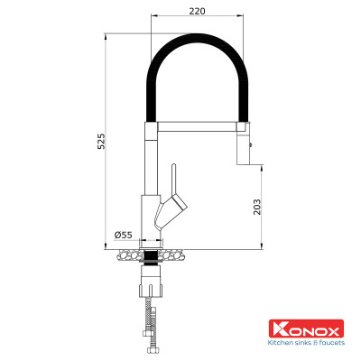 Vòi rửa bát thân mềm Konox, Model Bian, Bề mặt mạ PVD Chrome 5 lớp, Lõi đồng tiêu chuẩn CW617N, Linh kiện phụ trợ dòng chảy nhập khẩu châu Âu, Bảo hành chính hãng 5 năm, Hàng chính hãng