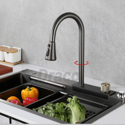 Bồn Rửa Chén 1 Hố Kèm Vòi Rút Draco S1176NXV Inox 304 Phủ Nano Cao Cấp Màu Xám