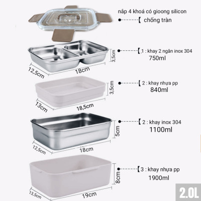 cặp lồng 2.0L xịn / ca men 2 tầng 4 khay cao cấp ( tặng túi giữ nhiệt và hộp đũa muõng inox cao cấp ) xem kỹ mô tả