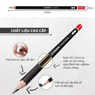 Hộp bút chì gỗ STABILO Exam Grade 288(T) HB/2B - Hộp 12 bút chì 2B thân tam giác đen đuôi màu (PC288T-AT/12-2B)