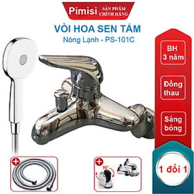 Vòi hoa sen tắm nóng lạnh Pimisi bằng đồng thau, mạ crom-niken sáng bóng dùng trong nhà tắm, điều chỉnh nước bằng gật gù nóng lạnh gắn tường đầy đủ đế cài tay sen - bát sen tắm tăng áp - dây sen mạ inox bóng mềm - chân nối chữ Z | Hàng chính hãng