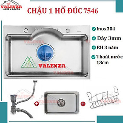 Chậu rửa chén bát 1 hố lớn dạng ĐÚC dày 3,5 li Valenza kiểu dáng Hàn Quốc inox 304 chuẩn 100% kèm chậu phụ inox304, bộ xả thoát to-Hàng chính hãng