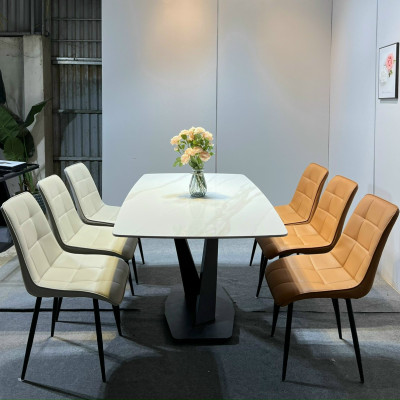 Bộ bàn ăn mặt đá phiến chân chéo chữ X kết hợp ghế Loft chấm bi