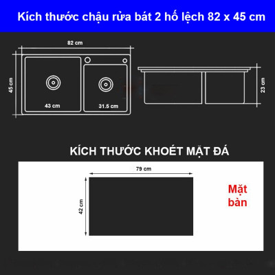 Chậu rửa bát inox 304 Pimisi đúc cao cấp 2 hố lệch - kích thước 7843-8245 cm kèm rổ đựng đồ và đầy đủ xi phông loại ống to, dùng để rửa chén bát gắn được cả âm bàn đá | Hàng chính hãng