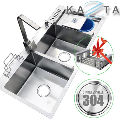 Combo Chậu Kèm Vòi Rửa Chén Bát Inox Kazta CB10048H - Chậu có hố rác đủ xi phông, vòi thân vuông, khay cài dao thớt, vòi hút xà phòng, rổ rút gác chậu