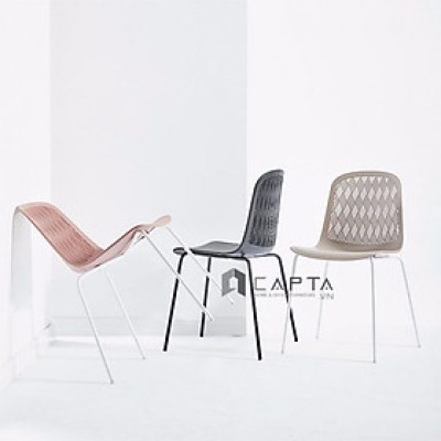 Ghế trang điểm nhựa màu hồng CC3008-S Nội thất Capta Ghế ăn nhà hàng thân nhựa PP màu hồng chân sắt sơn tĩnh điện màu trắng