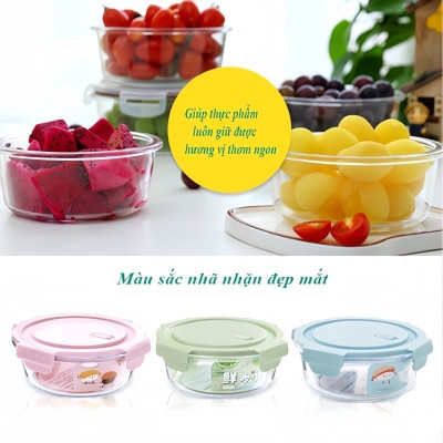 Set 3 hộp đựng thực phẩm thuỷ tinh hình tròn bảo quản đồ ăn tiện lợi - giao màu ngẫu nhiên