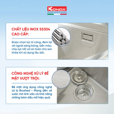 Chậu rửa bát Konox, Topmount Series, Model KN8850TD, Inox 304AISI tiêu chuẩn châu Âu, Hạ bậc tích hợp, 880x500x228(mm), Hàng chính hãng