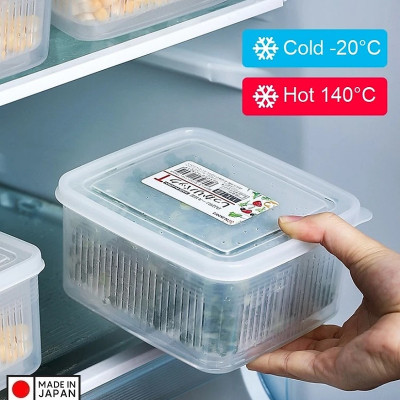 Set 02 hộp thực phẩm vuông có giá lót Nakaya 1100ml, giúp rau thịt không bị úng nước và tươi lâu hơn - nội địa Nhật Bản