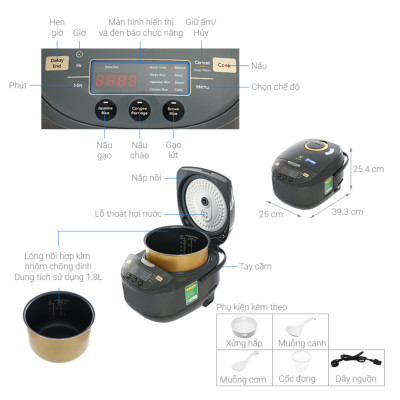 Nồi cơm điện tử 1.8 lít Electrolux E7RC1-650K - Hàng chính hãng