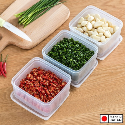 Set 02 hộp thực phẩm vuông có giá lót Nakaya 1100ml, giúp rau thịt không bị úng nước và tươi lâu hơn - nội địa Nhật Bản