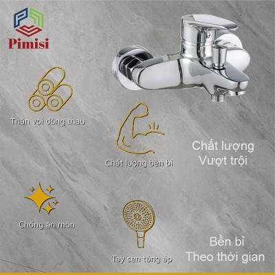 Sen Tắm Nóng Lạnh Pimisi PS-203C Đồng Thau Mạ Crom - Niken Sáng Bóng, Đủ Phụ Kiện Vòi Hoa Sen Tăng Áp Nhẹ - Dây Sen Tắm Inox - Chân Chữ Z - Cài Tay Bát Sen, Điều Chỉnh Nước Bằng Củ Gật Gù Gắn Tường Nhà Tắm | Hàng Chính Hãng