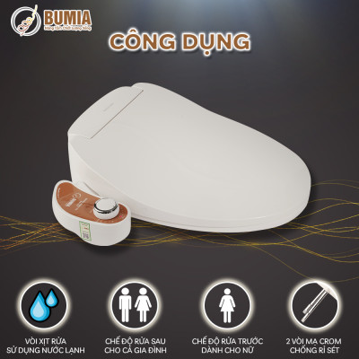 Nắp bồn cầu thông minh dùng cơ, tự rửa vệ sinh hậu môn và vệ sinh cho phụ nữ Bumia bidet, vòi xịt vệ sinh thông minh, mã sản phẩm BM-01V