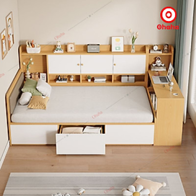 [ Miễn phí giao hàng và lắp đặt tại TP.HCM] Giường ngủ công nghiệp bọc nệm kèm tủ và bàn học OHAHA - GN049