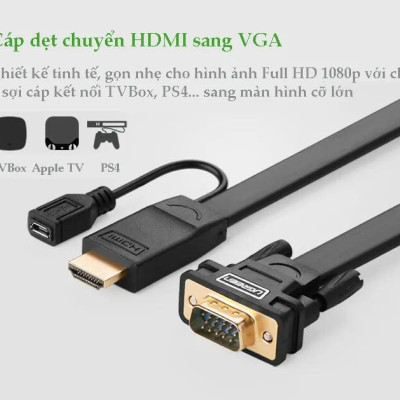 Ugreen UG40267MM101TK 1.5M màu Đen Cáp chuyển đỗi HDMI sang VGA kèm cổng trợ nguồn Micro USB - HÀNG CHÍNH HÃNG