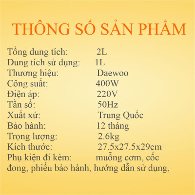 Nồi cơm điện đa chức năng Daewoo DWRC-Y201 1L lòng nồi phủ Ceramic, với 7 chế độ nấu -Hàng chính hãng