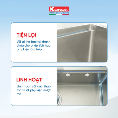Chậu rửa bát Konox, Topmount Series, Model KN8850TD, Inox 304AISI tiêu chuẩn châu Âu, Hạ bậc tích hợp, 880x500x228(mm), Hàng chính hãng