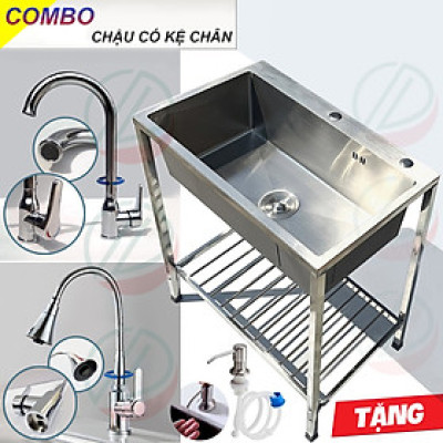 COMBO Chậu Rửa Chén Bát 1 Hộc Rửa Lớn Có Chân Cao 81cm Kèm Vòi Inox Nóng Lạnh - Gồm kệ chân, chậu 82x45cm, 90x50cm, vòi, bộ xả, mua đủ bộ tặng đầu xịt xà bông
