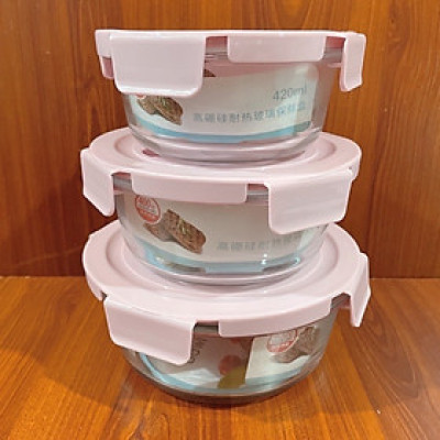 Set 3 hộp đựng thực phẩm thuỷ tinh hình tròn bảo quản đồ ăn tiện lợi - giao màu ngẫu nhiên