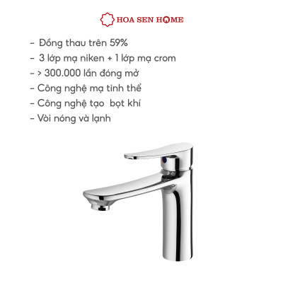 Vòi lavabo nóng lạnh TUSLO F005 Luxury chất liệu đồng nguyên chất, mạ Crom-Niken, công nghệ tạo bọt khí hiện đại - Hoa Sen Home - Hàng chính hãng