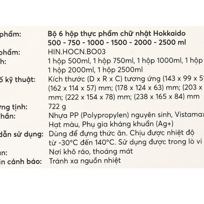 Bộ 6 hộp đựng thực phẩm chữ nhật Inochi Hokkaido (500-750-1000-1500-2000-2500ml)